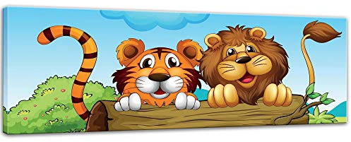 Bilderdepot24 Keilrahmenbild Kinderbild Löwe und Tiger Freundschaft - 160 x 50 cm Bilder als Leinwanddruck Fotoleinwand Kinder Grosskatzen hinter einem Baumstamm