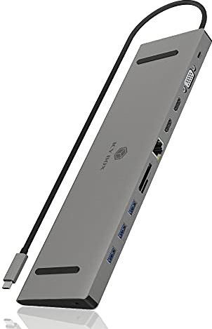 ICY BOX USB-C Docking Station (11-in-1) für 2 Monitore (2x HDMI & 1x VGA), 4K 30Hz, 3-fach USB 3.0 HUB, 100W Power Delivery, Gigabit Ethernet, Kartenleser, Grau, IB-DK2106-C