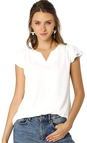 Allegra K Damen Bluse Kurzarm V-Ausschnitt T-Shirt Rüschen Einfarbig Elegant Top Oberteil Weiß L