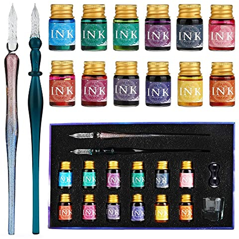 GC Glasfeder－2 Glasstifte, 12 bunte Tinten, 1 Stifthalter und 1 Reinigungsbecher - für Grußkarten, Unterschriften, Kalligraphie, Schreiben, Dekoration，Geschenk GC-16
