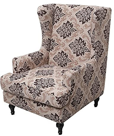 Highdi 2 Teilig Ohrensessel Überzug, Klassischer Luxus Barockes Muster Sessel-Überwürfe Bezug Sesselhusse Elastisch Stretch für Ohrensessel mit Armlehne Hohe Rückenlehne (Braun)