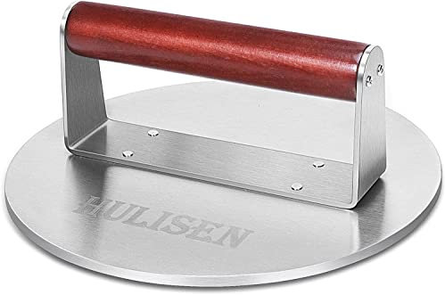 HULISEN 8.5-Inch Burger Press, 2.5 lbs Heavy Duty Bacon & Grill Press, Stainless Steel Smashed Burger Press, Round Smasher with Wood Handle, BBQ Griddle Accessories for Hamburger, Steak, Meat…