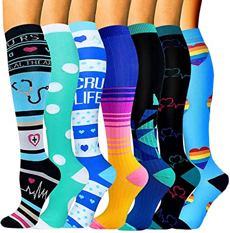 Compression Socks for Women&Men 15-20 mmHg (7 Pairs)-Best for Travel,Medical,Nursing, Flight, Cycling Socks, Pregnancy Circulation Recovery Compression Stocking- Running& Fitness (S-M, Assorted)