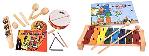 Voggenreiter 526 - Voggy's Kinder-Percussion-Set & Das Bunte Glockenspiel-Set Glockenspiel C-Dur mit Holzschlägel und Glockenspielschule (8 metallische Klangplatten), bunt