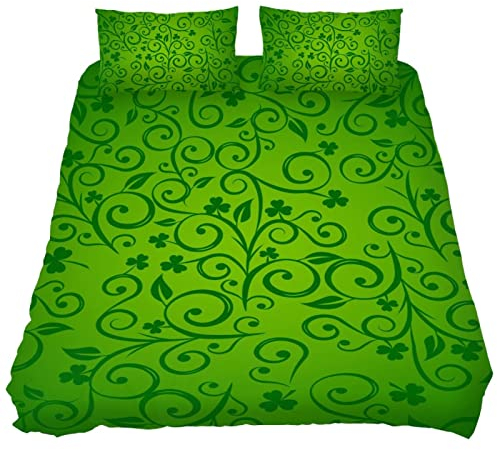 3-teiliges Sport-Bettwäsche-Set in voller Größe, 3D-grünes Blumen-Kleeblatt, Bettdeckenbezug-Set mit Kissenbezug für Kinder, Teenager, Jungen und Mädchen, Queen-Size-Bett 22,9 x 73,7 cm