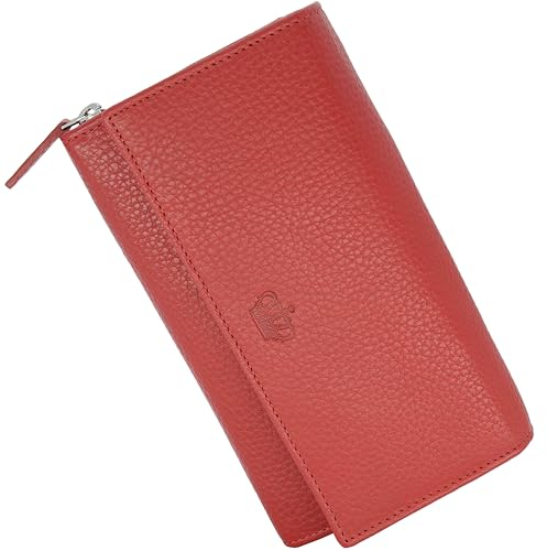 Baur Damen Geldbörse Echt Leder Geldtasche | Geldbeutel mit RFID Schutz |großes Portemonnaie viele Kartenfächer |Wallet mit Druckknopf |Portmonee |Damen-Geldbörsen |Damengeldbörsen (Rot)