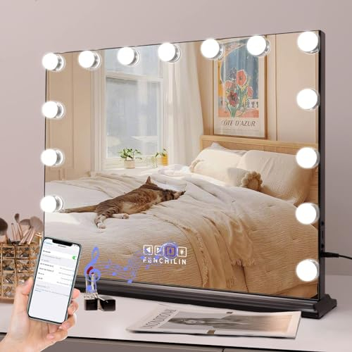 FENCHILIN Schminkspiegel mit Beleuchtung Lautsprecher 15 dimmbare LED Lampen Hollywood Spiegel USB Ladeanschluss Groß Schminkspiegel Hollywood Spiegel mit 3 Modi Beleuchtung Musik Lautsprecher