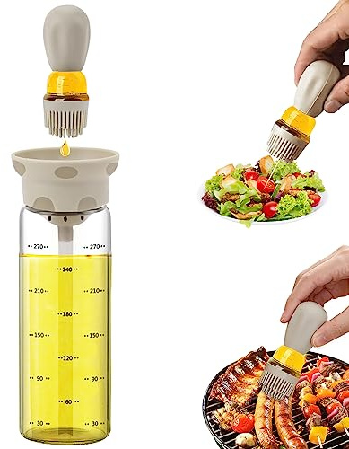 TINMIX Dispensador de aceite de 300 ml con cepillo de silicona para barbacoa, botella dispensadora de aceite de oliva 2 en 1, para cocina, hornear, ensalada, color gris