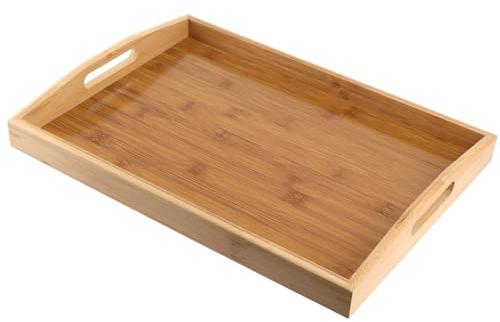CHEUKYIU Plateau de service en bambou avec poignées - Grand plateau de cuisine - Rectangulaire - Avec poignée - Pour petit déjeuner, thé, table basse, décoration de cuisine - 40 x 29 x 5 cm