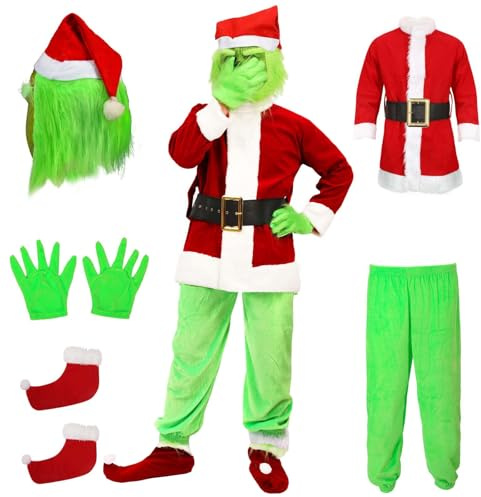 Claofoc 7 teiliges Santa Claus Kostüm Erwachsene Weihnachtsmütze Cosplay Outfit Set mit Maske Grün Großes Monster Halloween Christmas Lustige Cosplay Kostüm Requisiten