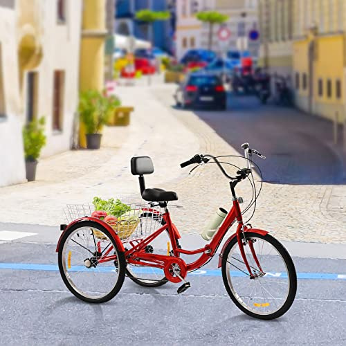 24 7-Gang 3-RäDer Dreirad Erwachsene Fahrrad City Bike Tricycle Klappfahrrad FahrräDer Einkaufen Korb Klappbar Adult äLtere Faltrad Faltbares Mit Led Lampe Klingel GemüSekorb Becherhalter Rot