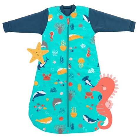 schlummersack Schlafsack Baby Winter 90 cm Meerestiere | Babyschlafsack mit Ärmel 3.5 Tog Baby Schlafsack Winter | Winter Schlafsack Baby Baumwolle