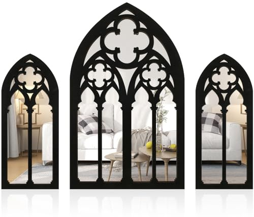BAODBF 3Pcs Gothic Mirrors Wall Decor,Arched Window Wall Mirror,Large Gothic Wall Mirror,Black Large Gothic Mirror Wall for Living room,bedroom,bathroom