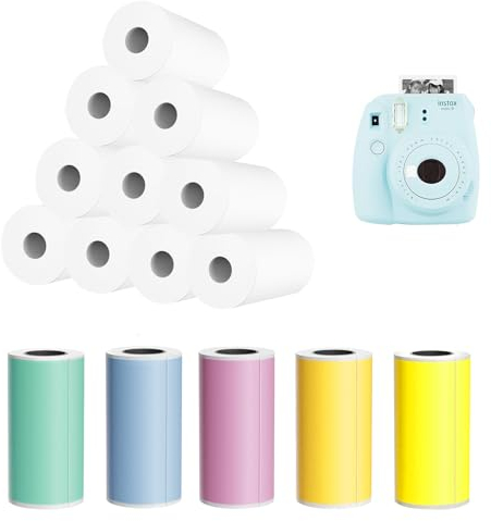 ZHIQIN 15 Rollen Thermopapier 57 x 25 mm 10 Rollen Weiß und 5 Rollen Bunt Mini Drucker Papier Druckpapier für Kinderkamera Mini Thermal Printer Papier (Weiß,Rosa,Gelb, Blau,Grün,Orange)