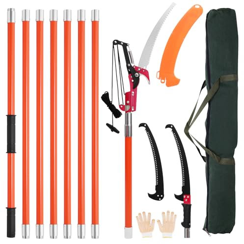 Manual Pole Saw, 7.3-27 ft Extendable Tree Pruner, Sharp Steel Blade and Scissors High Branches Trimming, Branch Trimmer with Lightweight 8 Fiberglass Handles, for Pruning Palms and Shrubs