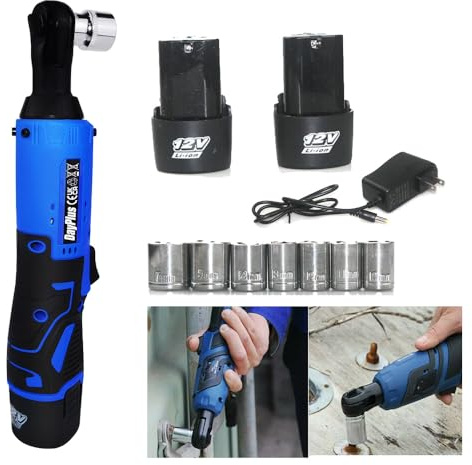 DayPlus Llave de torque de batería de 12V de 3/8 de accionamiento cuadrado, destornillador de torque de potencia de 40Nm, 2300RPM, ángulo recto de 90°, batería de 2×, 7 piezas de tomas para
