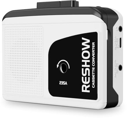 Reshow Lettore a cassette portatile, convertitore per registrazione audio MP3 tramite USB, registrazione inversa su cassetta, lettore musicale digitale, microfono incorporato e altoparlante, bianco