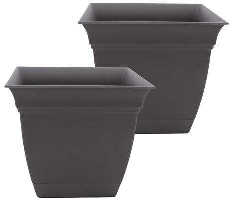 The HC Companies 10 Inch Eclipse Square Planter with Saucer – Indoor Outdoor Plant Pot for Flowers Vegetables Herbs, Warm Gray (Pack of 2)