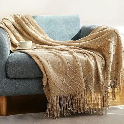 HBKUHIUT Cremeweiße strukturierte Strickdecken mit Quaste, dekorative, gemütliche gewebte Boho-Vintage-Decken-CL Khaki-127 x 172 cm