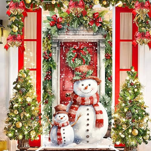 Christmas Snowman Door Cover, Red Green Christmas Decoration Outdoor Xmas Snowman Front Door Cover Hanging Banner Backdrop Background, Christmas Door Deco for Xmas Party Home Front Door 90x185cm