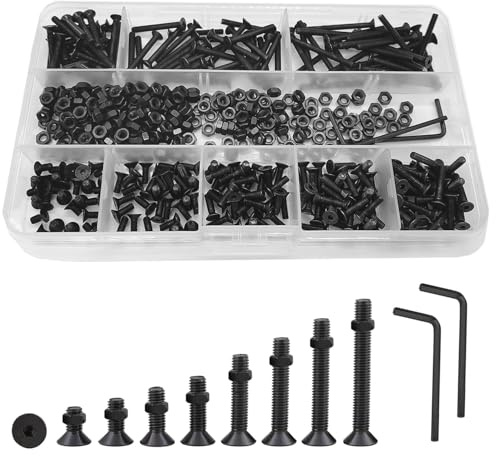 482 Pcs M3 Black Flat Head Screws Alloy Steel Hex Socket Cap Bolts and Nuts | Hexagon Countersunk Machine Screw Fasteners Assortment Set Kit（6/8/10/12/16/20/25/30mm）