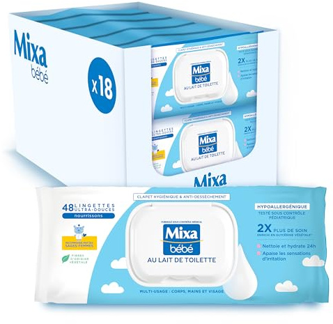Mixa Lingettes Bébé Au Lait De Toilette, Lot de 18 x 48 lingettes
