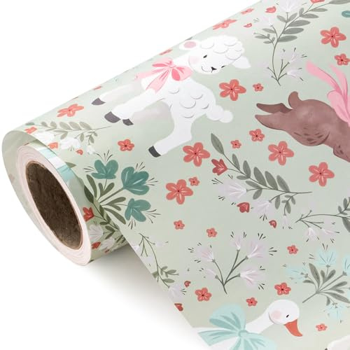 WRAPAHOLIC Geschenkpapierrolle aus Kraftpapier für Ostern, Mini-Rolle, 43,2 cm x 10,2 m, Hase, Schaf, Gans mit Schleife, Geschenkpapier, perfekt für Ostern, Babyparty, Party