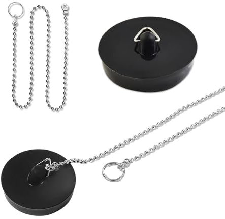 Dreamil Tappi di scarico per lavandino, 2 pezzi, tappi in gomma con catena di tappo da 18 cm, tappi di scarico per vasca da bagno, cucina, bagno, tappo per lavello (40 – 45 mm, nero)