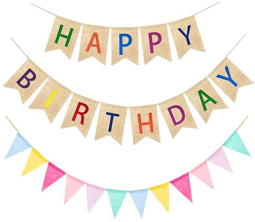Kindergeburtstag Dekoration Set, Geburtstag Leinenbanner und Wimpelkette Wimpel Banner, Happy Birthday Girlande, Bunte Geburtstag Deko für Geburtstag Geburtstagsfeier Mädchen Junge Erwachsene Kinder