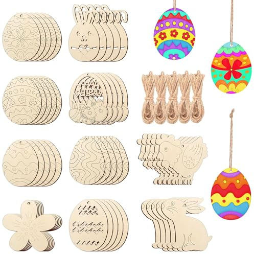 Bipl 50 Stück Osteranhänger Holz Bemalen, Unvollendet Osterdeko Holz zum Aufhängen, DIY Osteranhänger Holz Bemalen, Ostereier Hasen Huhn Blume zum Bemalen, für Holz Bemalen Bastelset Kinder