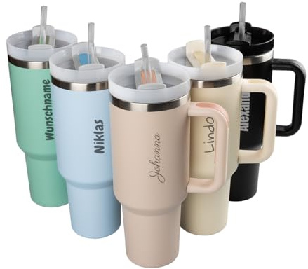 ORWO - XXL-Thermobecher | 1,2 Liter | aus Edelstahl | personalisiert mit Gravur | isolierter Trinkbecher mit Griff, Deckel und Strohhalm | für heiße und kalte Getränke (Peach, Name)