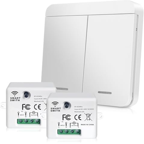 GOEDCH Interruptor inalámbrico con receptor: juego de interruptor inalámbrico, interruptor de pared inalámbrico, luz con 2 receptores de hasta 50 m de alcance para lámpara interior, exterior, oficina