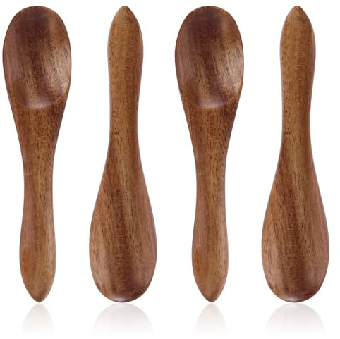Gosknor 4pcs Cuillères en Bois, 9cm Mini Cuillères de Service en Bois pour Manger Cuillères à Café au Miel pour Remuer Café thé Bocal Condiments Sucre Cuisine Ustensiles de Cuisine et de Service