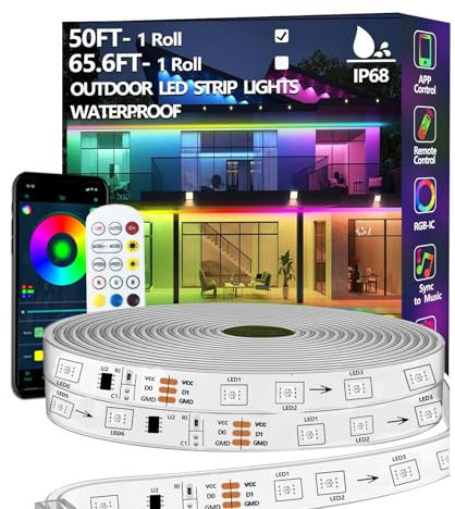 Bvokon 15M Outdoor LED Strip Light IP68 Waterproof,Outside RGB+IC Lights with App/Remote Control,Color Changing,Music Sync Rope Light for Balcony,Deck,Rooftop,Garden,Pool