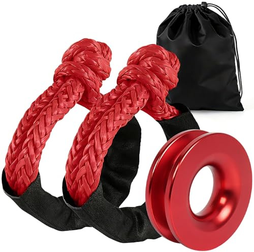 BARTOO Winch Snatch 66000 LB Recovery Ring with 2 PCS Soft Shackle 1/2 X 22 Inch Winch Rope, for ATV UTV SUV Truck Off-Road Vehicle Recovery Accessories, Red