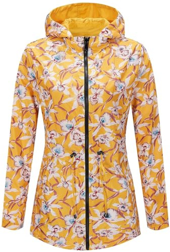 Manteau imperméable réversible léger et coupe-vent avec capuche pour femme - Imperméable - Coupe-vent - Imprimé floral - Style décontracté, jaune, L