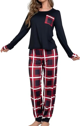 Ausing Ensembles de Pyjama Femme Chemise de Nuit à Carreaux 2 Pièce Vêtements de Nuit Adulte Loungewear Pajama Set S-XL