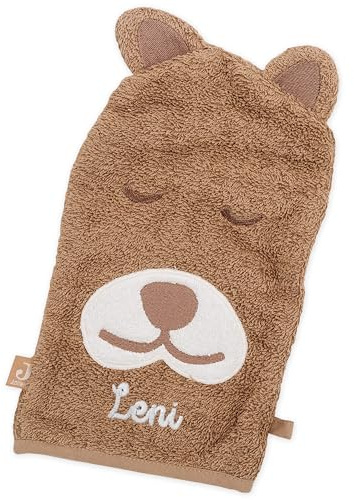 wunderwunsch Jollein Waschhandschuh Baby personalisiert, Waschhandschuhe Kinder, Waschlappen, Babywaschlappen, individualisiert mit Wunschnamen, waschbar, Bio Baumwolle (Bär, mit Name)