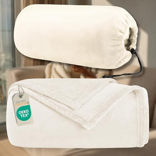 INSPINOVIA Kuscheldecke beige 150x200 cm 2in1 mit Tasche – Flauschige Microfaser Sofadecke & Tagesdecke | weiche Wohndecke | Fleecedecke | Wolldecke | Decke beige