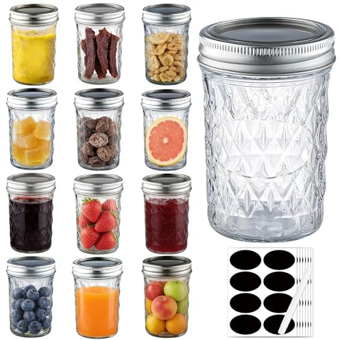 1ZIZIFA8 12 Pack Glass Mason Jars, 240ml Canning Jars with Lids - 8 oz Diamond Pattern Glass Jars for Pickling, Jam, Jelly, Fermenting, Honey & Spice Storage - Reusable & Leak Proof