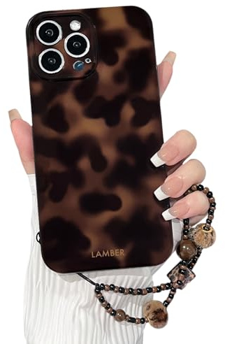 NITITOP Compatible with iPhone 14 Pro Max Case Leopard Print Tortoise Brown Amber Pattern with Chain Lanyard Wrist Strap for Girls Women Men Boys Shockproof Protective Cover - Brown