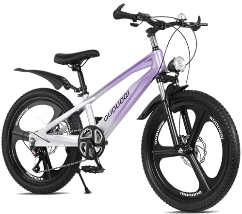 MCFANSHOU 20-Inch Kids Mountain Bike, Lightweight Magnesium Alloy Frame, 7-Speed Gears with Dual Disc Brakes, Front Suspension, LED Headlight, Youth Bike for Ages 6-14