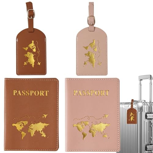 RhiVrillion Porta Passaporto 2+2 Pezzi con Etichette Bagaglio - Rosa e Grigio in Pelle PU Impermeabile, Disegno Mappa Europa e Aereo per Documenti di Viaggio e Carte