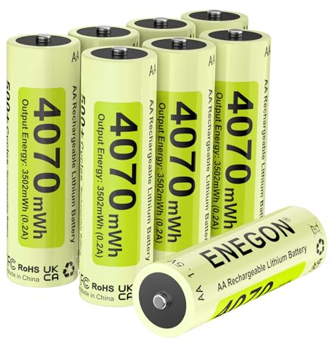 ENEGON – Pack de 8 Pilas AA Recargables de Litio 4070 mWh 1,5 V, Solo se Pueden Cargar con Cargador específico de Litio. Alto Rendimiento para mandos de Videojuegos, cerraduras Inteligentes(Amarillo)