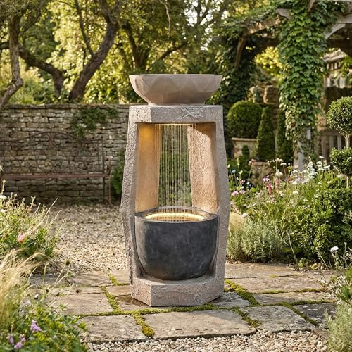 Fontana a Cascata da Giardino con LED Bianco Caldo, Rivestimento esterno in Pietra Artificiale e Vasca Decorativa, Fontana da Interno, Gioco d'acqua per Giardino e Terrazza, Pompa dell'acqua, Beige