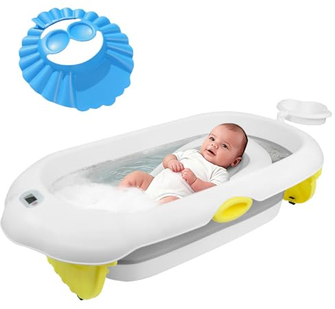 Bañera de bebé plegable con termómetro incorporado, que incluye soporte de baño y gorro de champú, fácil de limpiar, adecuado para su uso en la ducha y en el baño (gris)