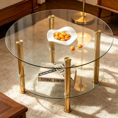 Mesa de café de cristal, mesa de centro redonda dorada, para sala de estar, dormitorio, mesa de centro moderna con vidrio templado transparente, grande: 80 x 80 x 45 cm