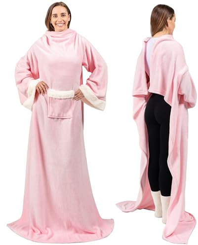PAVILIA Deluxe Fleece Blanket with Sleeves for Adult, Men, and Women| Elegant, Cozy, Warm, Extra Soft, Plush, Functional, Lightweight Wearable Throw (Light Pink)