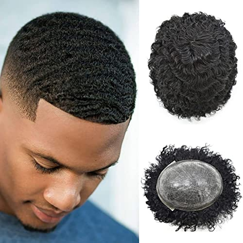 LYRICAL HAIR Afro Toupee For Black Men Brazilian Human Hairpiece Afro Wave Hair Replacement Systems Full Poly Thin Skin Kinky Curly African American Men Human Hair Systems 6MM, 1B# Off Black