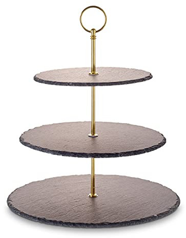 Echtwerk soporte para tartas, bandeja para servir frutas, queso y postres, pizarra natural, 3 pisos, mango de metal, 30/25 cm